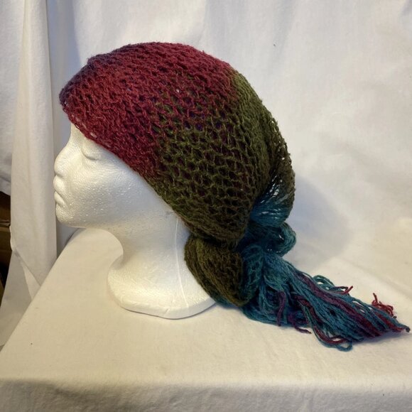 Oversized Knit Scarf 94" x 18" Teal Purple Magenta Fringed Boho Wrap Open Weave - Picture 4 of 8